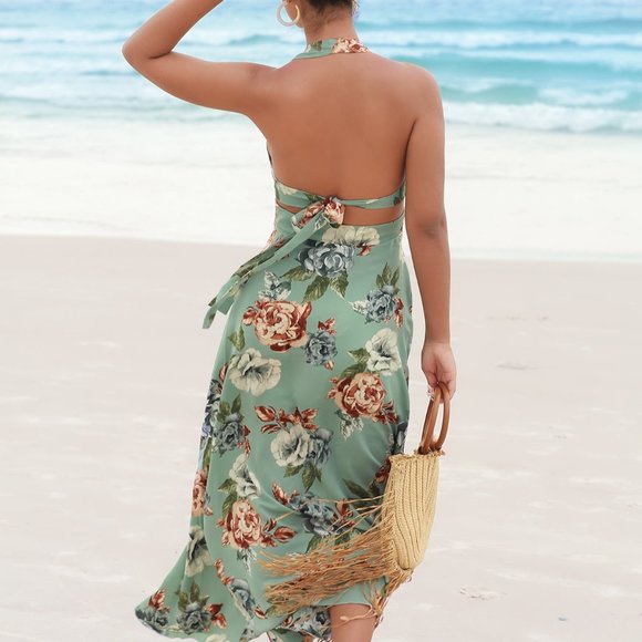 New Floral Print Backless Knot Halter Neck High Low Dress Green - Picture 2 of 6